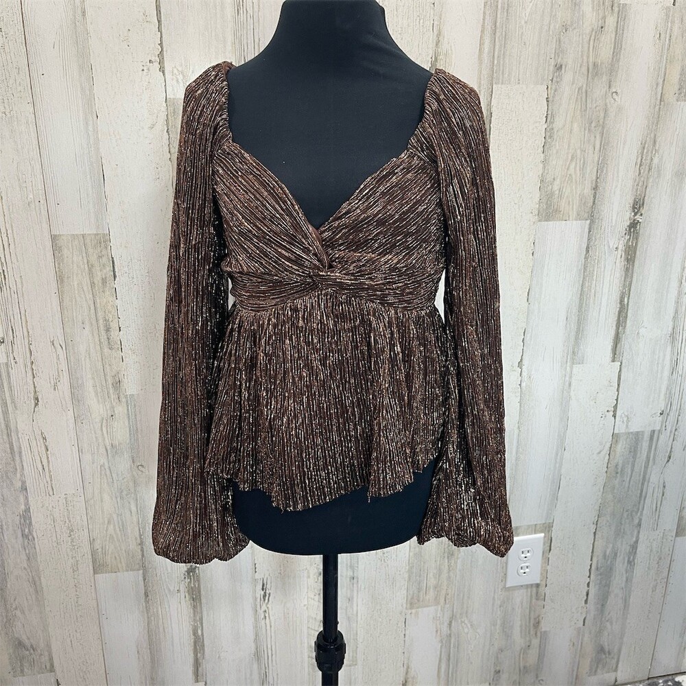 Mi Ami Top Womens XS Brown Metallic Gold Stripe Pleated Twist Front Peplum